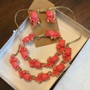 Vintage 3-piece set Coral Carved Thermoplastic Tulips with faux pearl accents